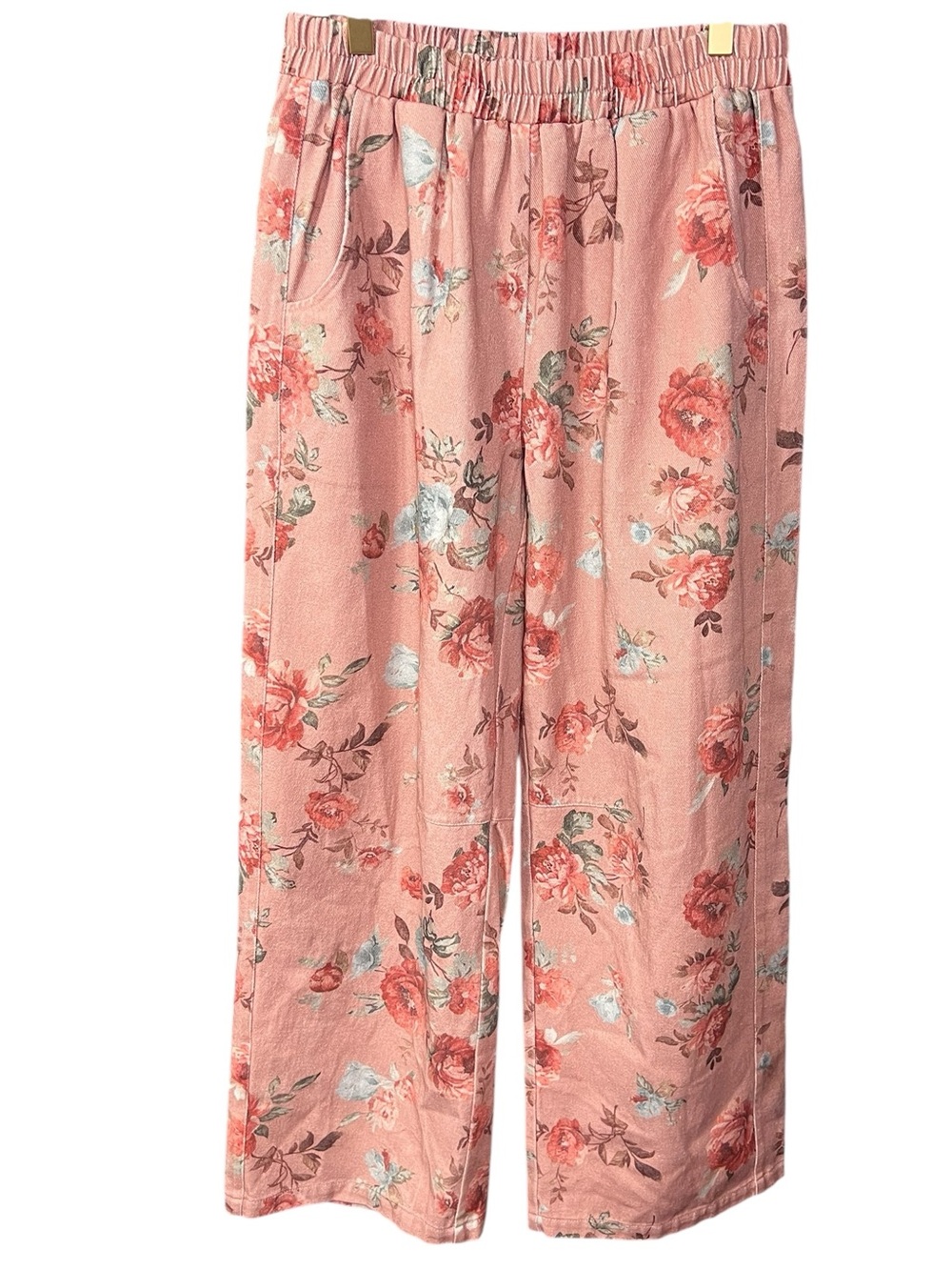 Umgee Peach Floral Barrel Leg Cotton Denim Pant